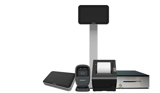 Receipt printers, credit card readers, mobile wallet readers, customer-facing screens, POS scales, barcode scanners, and cash drawers