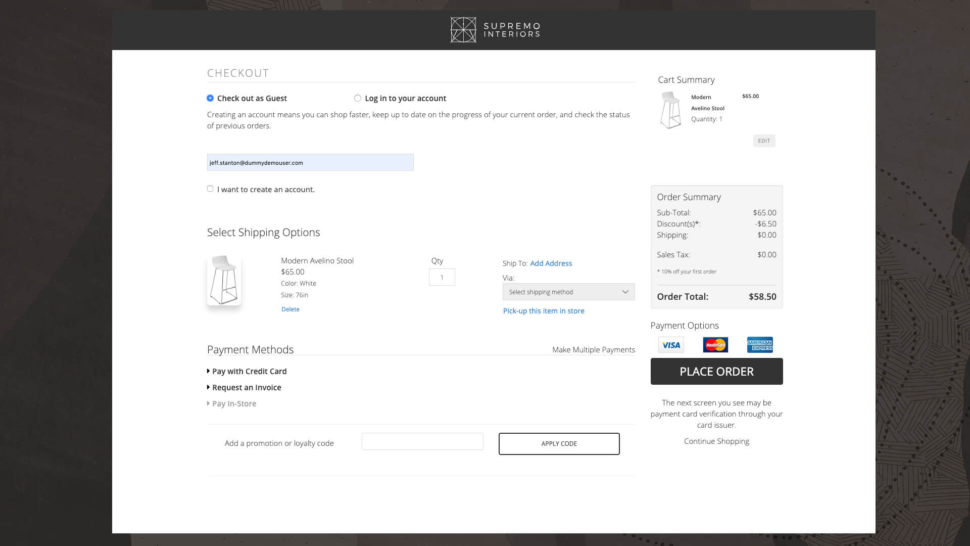 Checkout and payment website screen