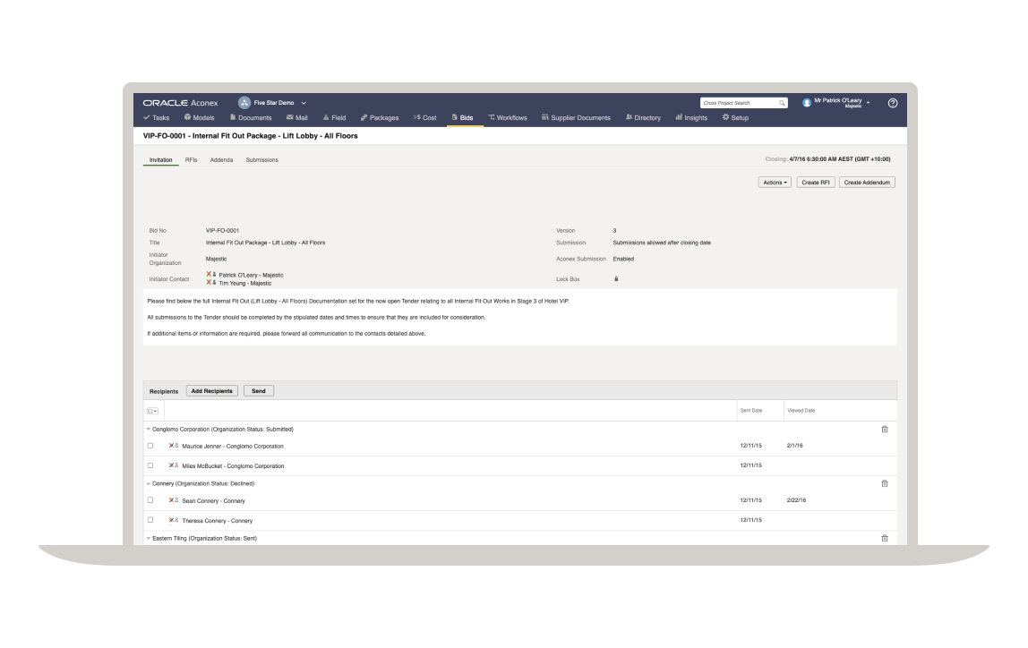 Bid tender management screenshot