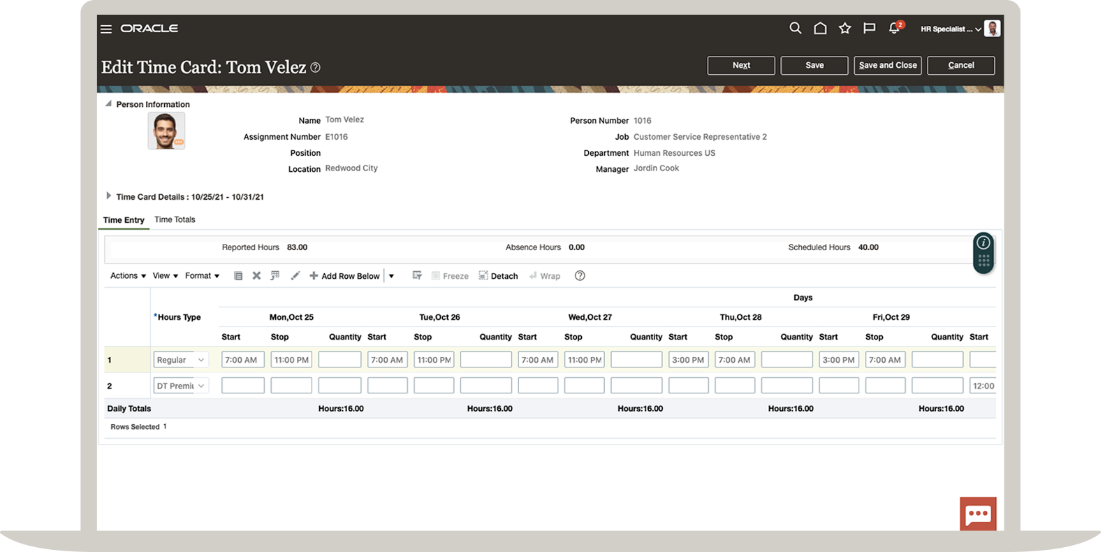 Oracle Time and Labor - simple time card