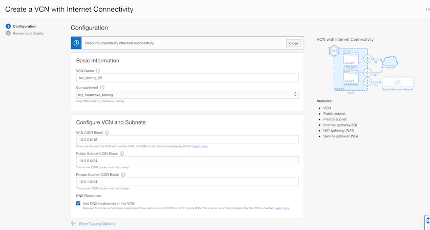 screenshot of VCN config