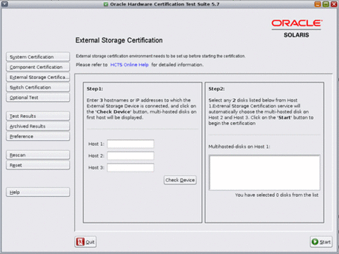 The image shows the screen shot of External Storage Certification on GUI. You can use this screen to certify external storage devices.