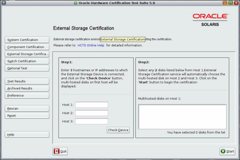 image:The image shows the screen shot of External Storage
                                Certification on GUI. You can use this screen to certify external
                                storage devices.